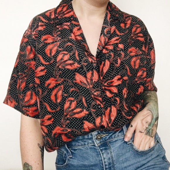 Vintage Tops - Vintage Mixed Print Floral & Polka Dot Silk Blouse